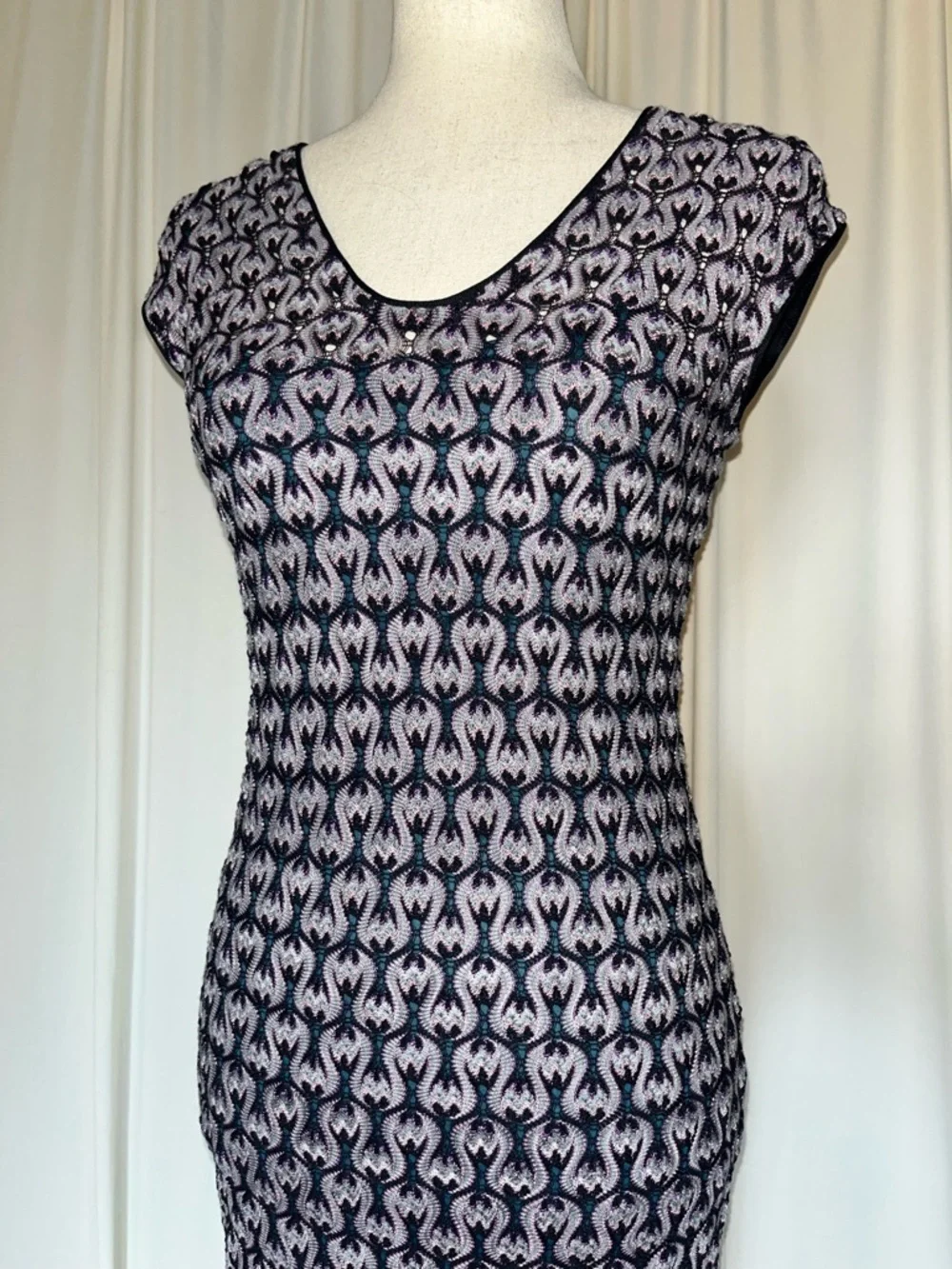 Missoni Classic Crocket Knit Midi Length Sheath Dress in Purple, Black, and Teal - Picture 5 of 11